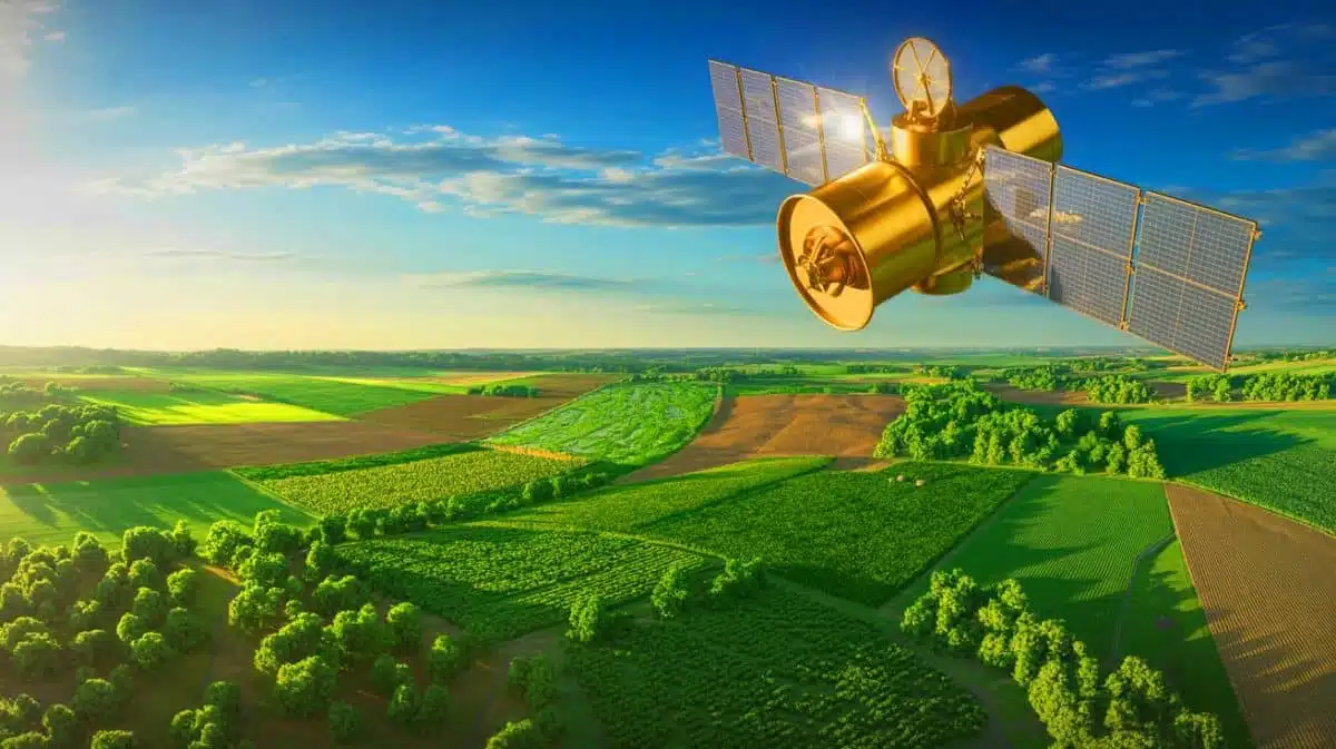 Illustration de l'application Sentinel GreenReport Plus surveillant des cultures par satellite. Image réalisée par IA.