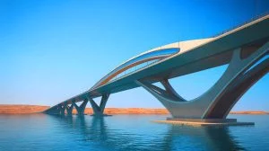 Illustration de la connexion future envisagée entre l'Égypte et l'Arabie saoudite via un pont à travers la mer Rouge. Image réalisée par IA.