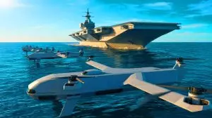Illustration de drones de surface opérant depuis un porte-hélicoptères amphibie. Image réalisée par IA.
