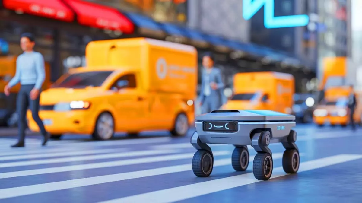 Illustration de la livraison urbaine par robots à roues et à pattes. Image réalisée par IA.