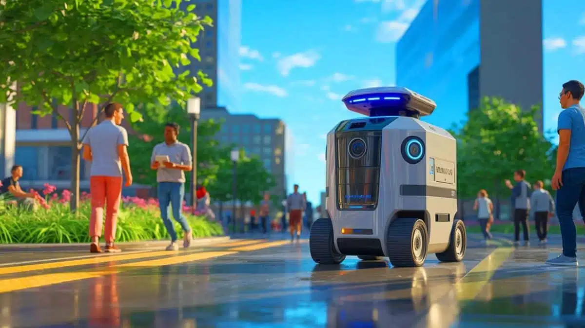 Illustration de Dubbot, le robot de sécurité autonome déployé à Dublin pour renforcer la protection publique. Image réalisée par IA.