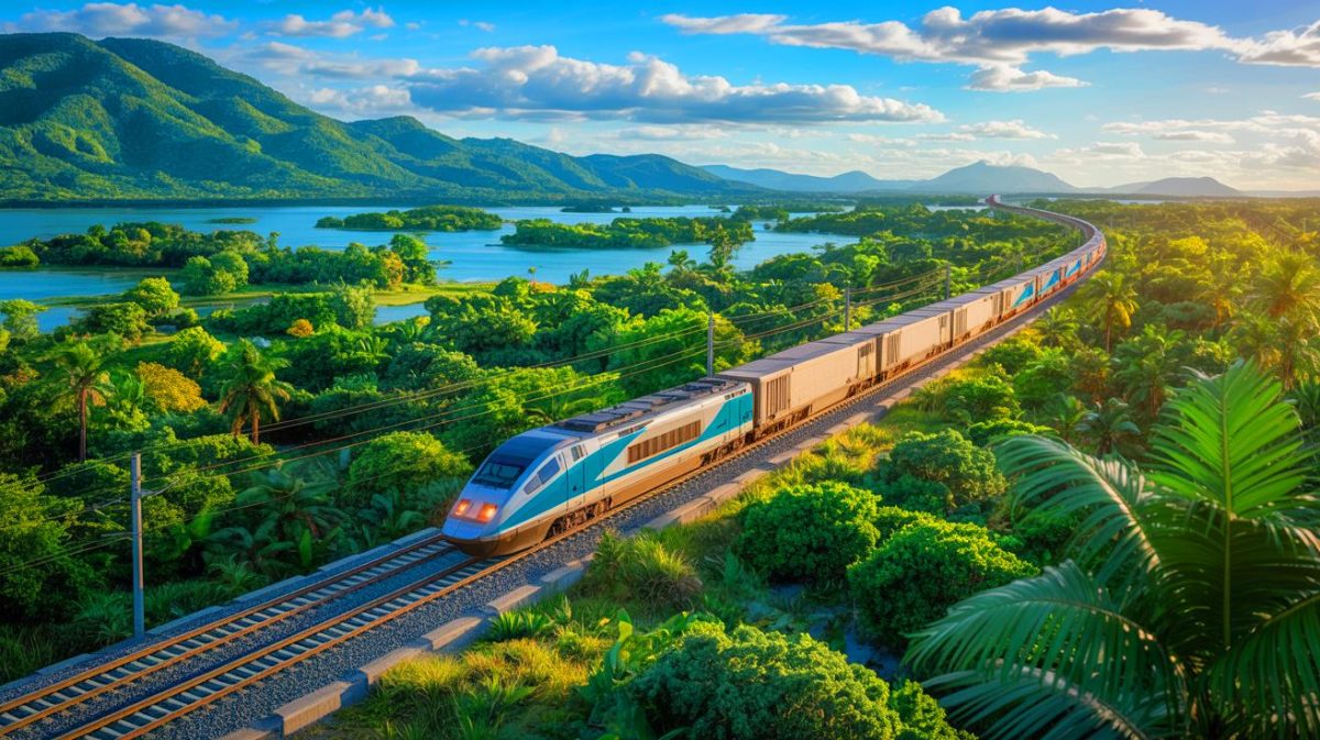 Illustration of a high-speed freight rail linking the Pacific and Atlantic Oceans through Mexico's Isthmus of Tehuantepec. Image generated by AI.