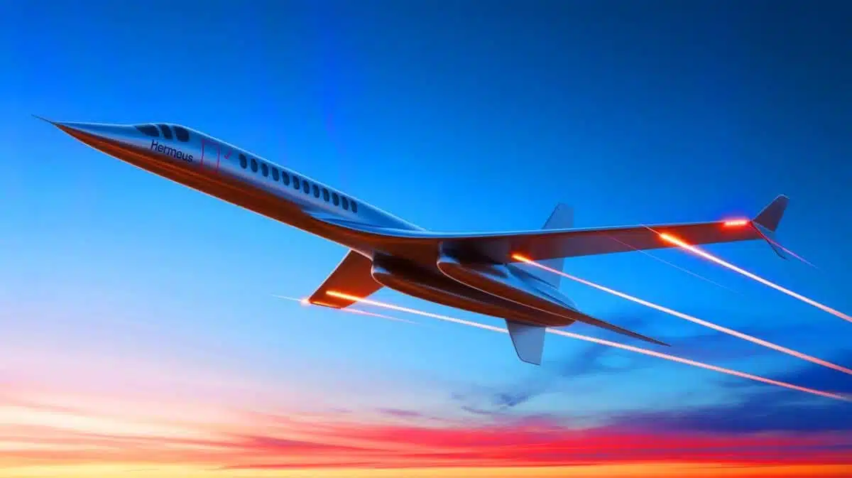 Illustration of the Hermeus Quarterhorse high-speed aircraft's first flight. Image generated by AI.