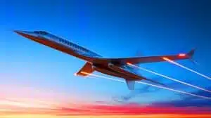 Illustration of the Hermeus Quarterhorse high-speed aircraft's first flight. Image generated by AI.