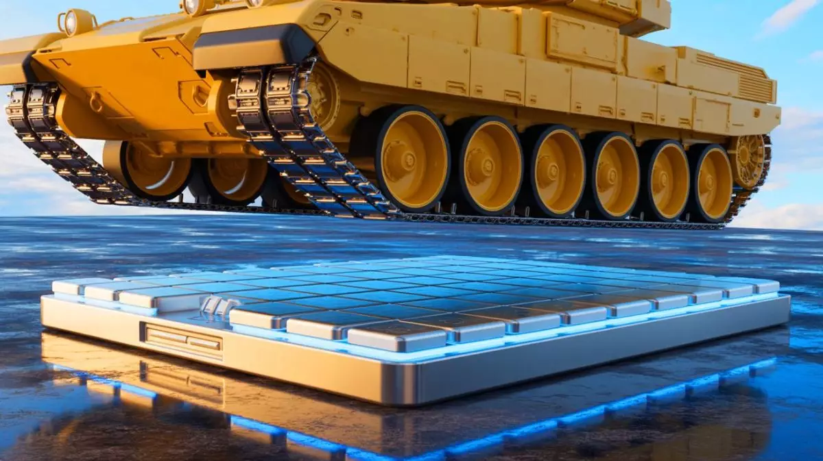 Illustration of an EV battery withstanding the weight of a 79,200-pound tank. Image generated by AI.