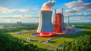 Illustration of the STEP nuclear fusion plant at the site of the old West Burton A plant. Image generated by AI.