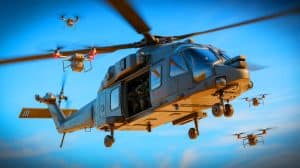 Illustration de l'intégration de drones dans les hélicoptères NH-90 pour des missions militaires avancées. Image réalisée par IA.
