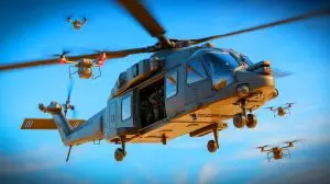 Illustration de l'intégration de drones dans les hélicoptères NH-90 pour des missions militaires avancées. Image réalisée par IA.