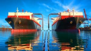 Illustration du premier transfert mondial de dioxyde de carbone liquéfié entre navires au port de Yangshan. Image réalisée par IA.