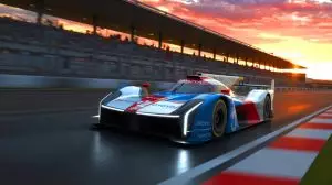 Illustration de la voiture de course à hydrogène GR LH2 de Toyota aux 24 Heures du Mans. Image réalisée par IA.