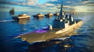 Illustration de l'accélération du déploiement de l'arme laser DragonFire par la Royal Navy et des défis de modernisation des chars Challenger. Image réalisée par IA.