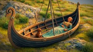 Illustration de la sépulture viking en Norvège contenant une femme de haut rang et son chien fidèle. Image réalisée par IA.