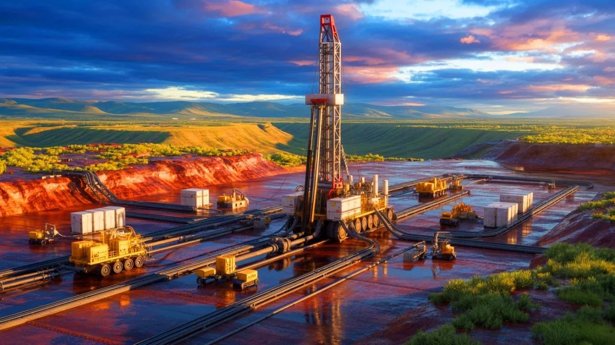 Illustration de la découverte d'un gisement pétrolier colossal dans une région inexplorée. Image réalisée par IA.