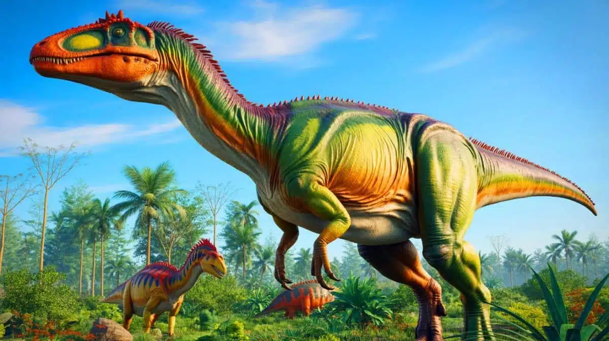 Illustration de la découverte du dinosaure Jinchuanloong niedu lors du Jurassique moyen. Image réalisée par IA.