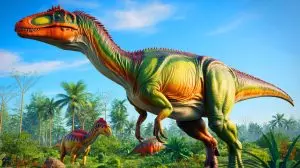 Illustration de la découverte du dinosaure Jinchuanloong niedu lors du Jurassique moyen. Image réalisée par IA.