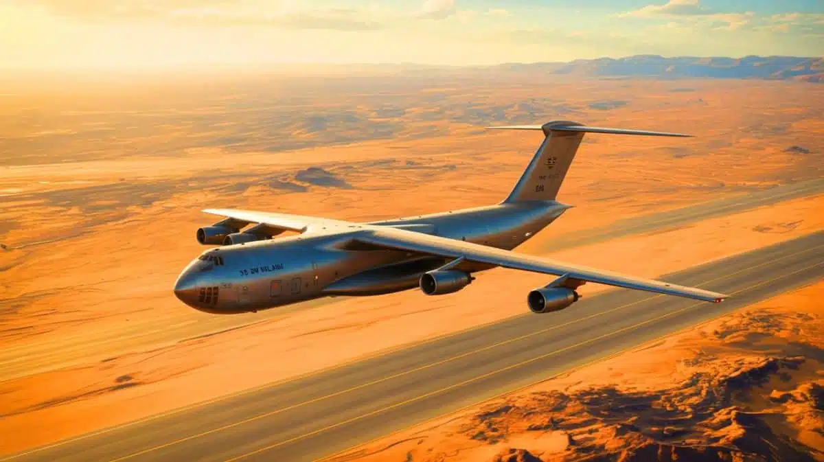 Illustration de l'avion militaire américain C-5m Super Galaxy déployé en Arabie Saoudite près de l'Iran. Image réalisée par IA.