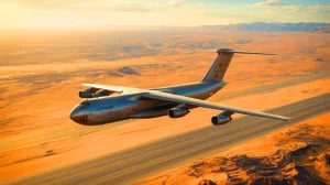 Illustration de l'avion militaire américain C-5m Super Galaxy déployé en Arabie Saoudite près de l'Iran. Image réalisée par IA.