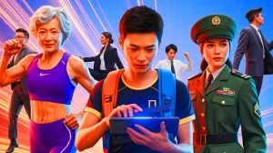 Illustration de personnalités chinoises inspirantes, dont une grand-mère fitness, un prodige des mathématiques et une soldate tireuse d'élite. Image réalisée par IA.