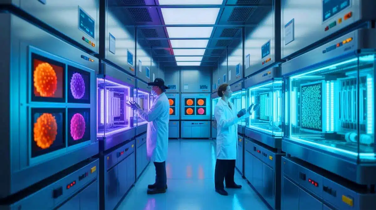 Illustration de la conservation des microbes essentiels dans le Microbiota Vault. Image réalisée par IA.