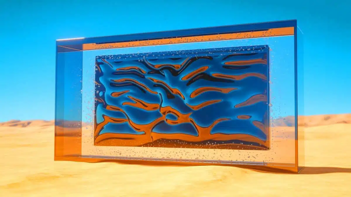 Illustration de l'appareil du MIT capturant l'eau de l'air grâce à un hydrogel innovant. Image réalisée par IA.