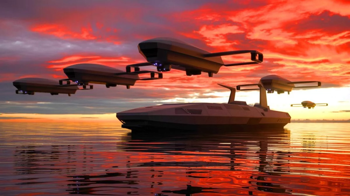 Illustration of China's drone mothership capable of deploying 100 small drones. Image generated by AI.
