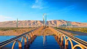 Illustration of the planned Moses Bridge connecting Egypt and Saudi Arabia's Neom megacity. Image generated by AI.
