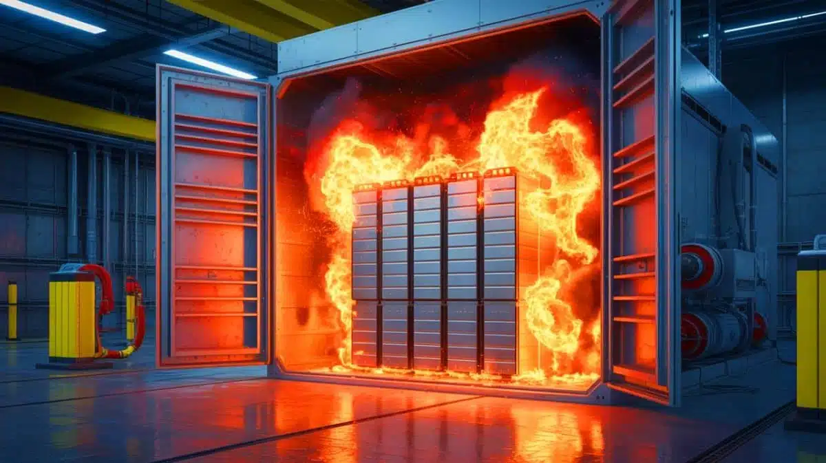 Illustration of Hithium's Infinity Block 5MWh battery energy storage system during an open-door fire test. Image generated by AI.