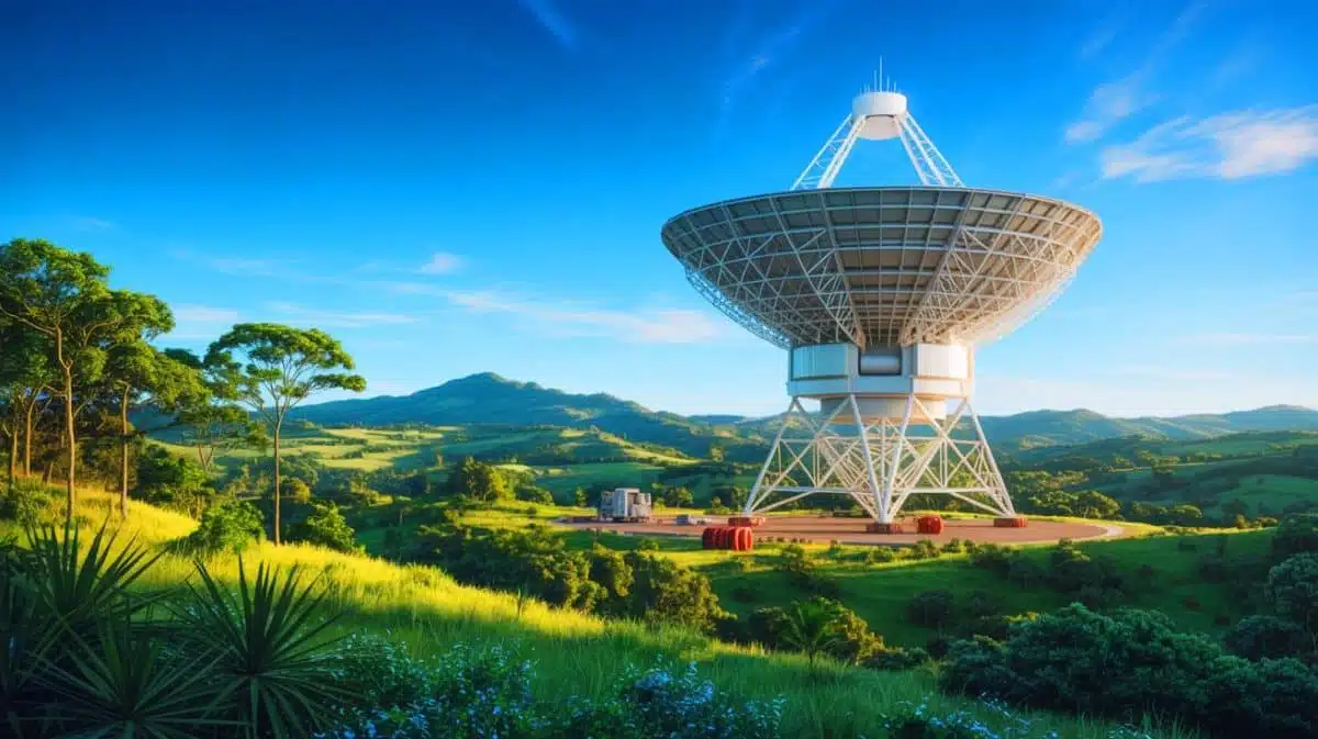 Illustration of the BINGO radio telescope in the Brazilian hinterlands. Image generated by AI.