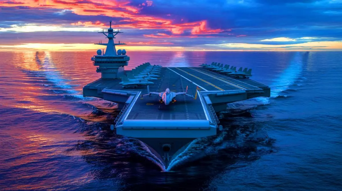 Illustration of the Chinese aircraft carrier Fujian equipped with electromagnetic catapults during sea trials. Image generated by AI.