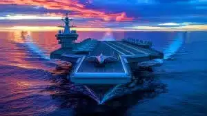 Illustration of the Chinese aircraft carrier Fujian equipped with electromagnetic catapults during sea trials. Image generated by AI.