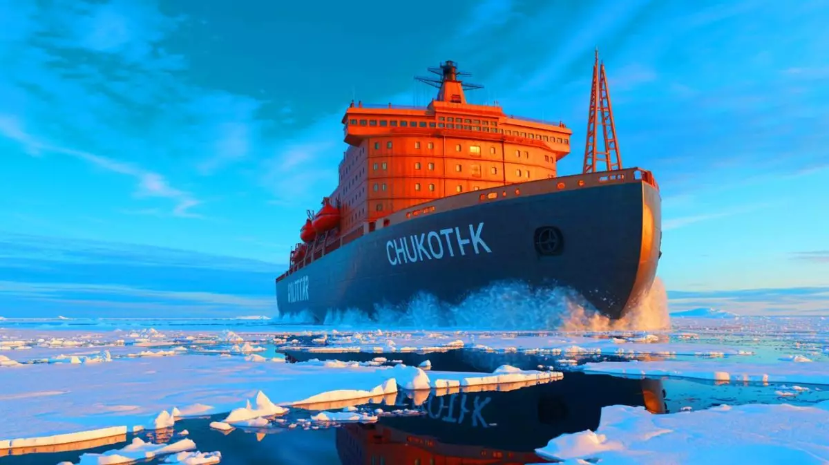 Illustration of the Chukotka nuclear icebreaker navigating Arctic waters. Image generated by AI.