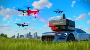 Illustration of EnforceAir system detecting and neutralizing rogue drones in protected airspace. Image generated by AI.