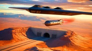 Illustration of a bunker-buster bomb being deployed by a B-2 Spirit stealth bomber targeting Iran's Fordow nuclear site. Image generated by AI.