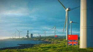 Illustration of the geopolitical tensions surrounding the proposed Chinese wind-turbine plant in Scotland. Image generated by AI.