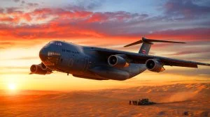Illustration of the C-5m Super Galaxy military aircraft deployed near Iran's border. Image generated by AI.