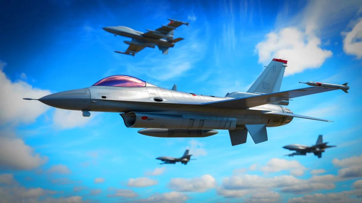 Illustration of QF-16 drones in flight as part of the U.S. Air Force's modernization efforts. Image generated by AI.