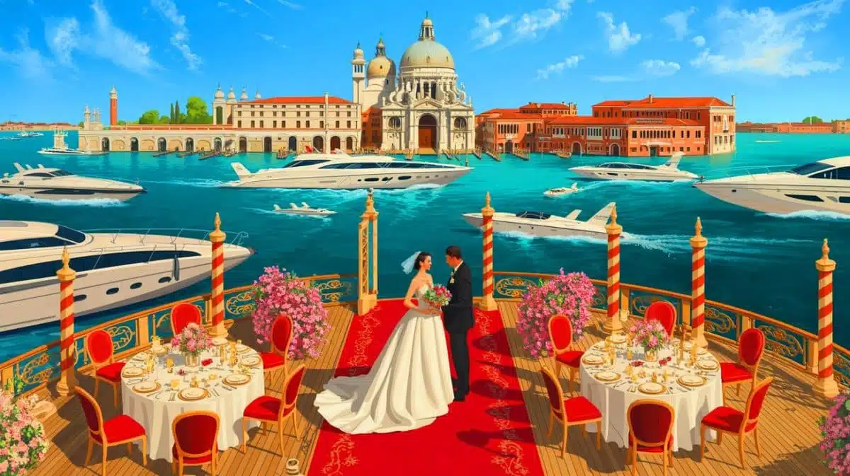 Illustration of Jeff Bezos and Lauren Sanchez's lavish wedding in Venice with a backdrop of luxury yachts and private jets. Image generated by AI.