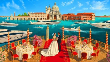 Illustration of Jeff Bezos and Lauren Sanchez's lavish wedding in Venice with a backdrop of luxury yachts and private jets. Image generated by AI.