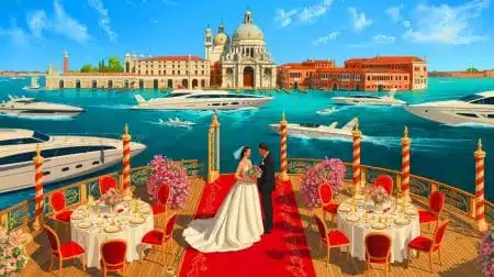 Illustration of Jeff Bezos and Lauren Sanchez's lavish wedding in Venice with a backdrop of luxury yachts and private jets. Image generated by AI.