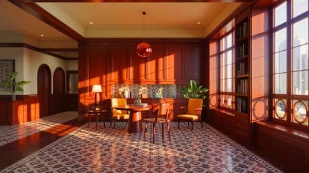 Illustration of a serene Hong Kong apartment interior featuring rich timber hues and a cozy atmosphere. Image generated by AI.