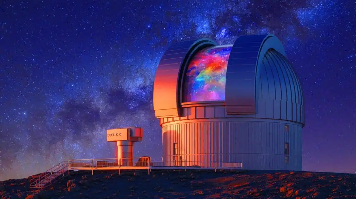 Illustration of the Vera C. Rubin Observatory capturing its first cosmic images with the world's largest camera. Image generated by AI.