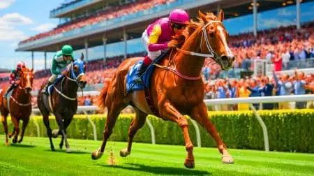 Illustration of Wunderbar triumphantly crossing the finish line at Sha Tin. Image generated by AI.