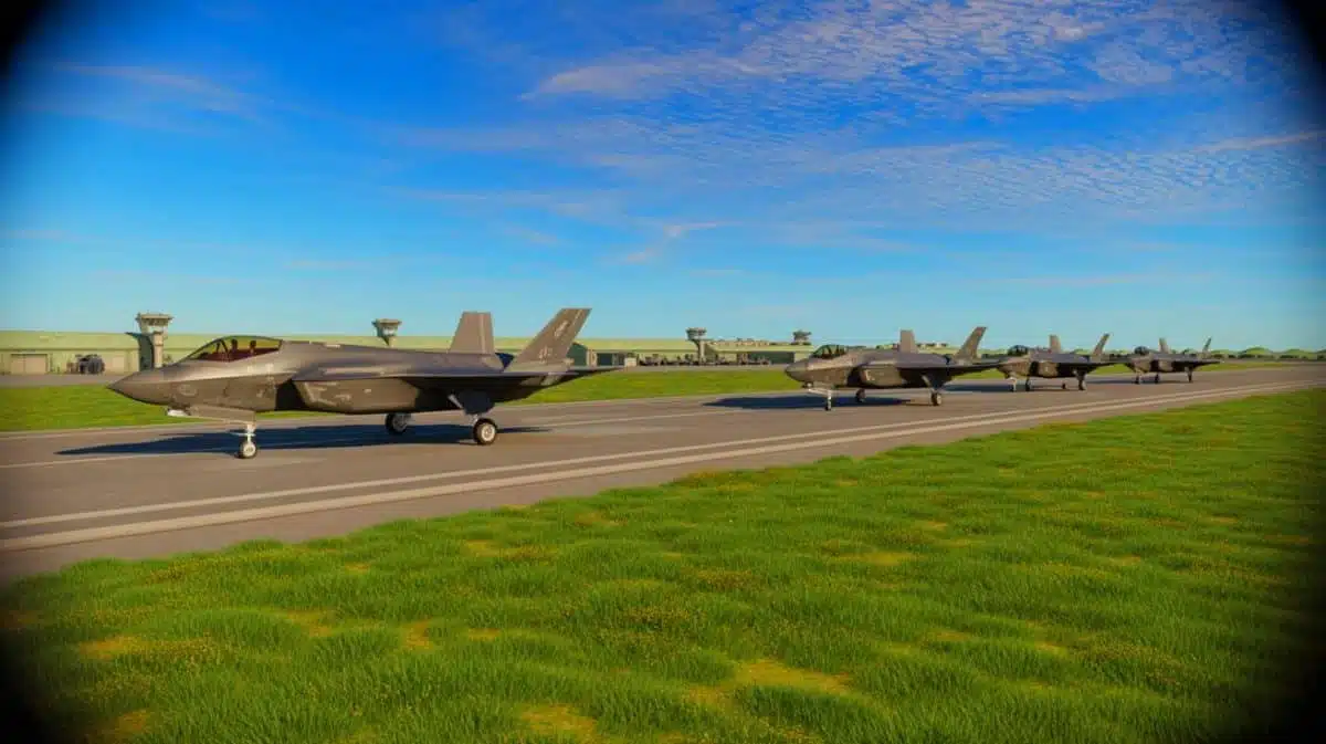 Illustration von F-35B Lightning II Jets auf einem RAF-Stützpunkt. Bild durch KI generiert.