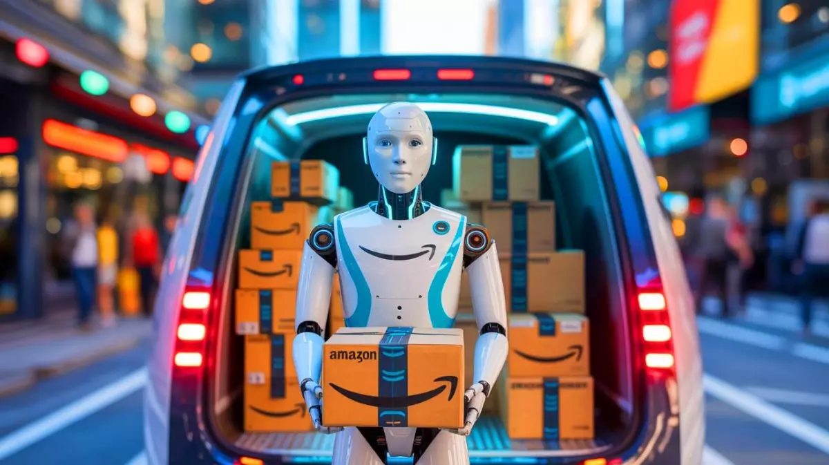 Illustration von humanoiden Robotern bei der Paketzustellung. Bild durch KI generiert.