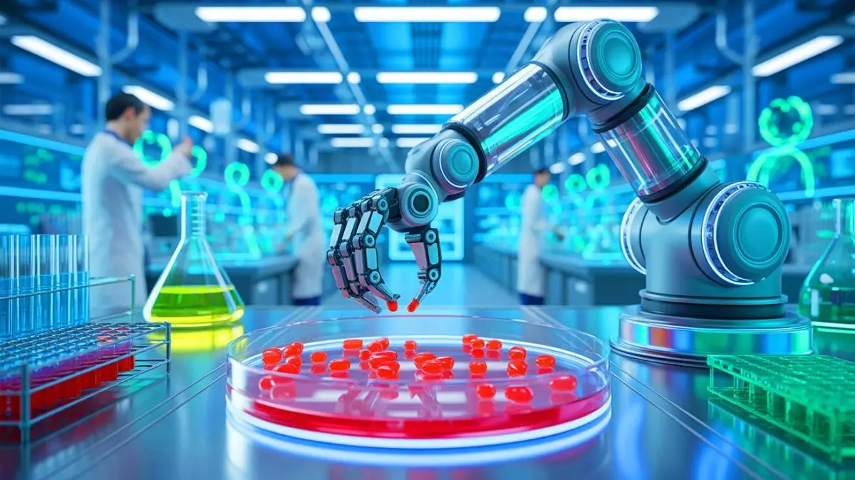 Illustration von einem automatisierten Stammzellensortierungsroboter zur Erforschung der menschlichen Entwicklung. Bild durch KI generiert.