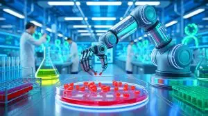 Illustration von einem automatisierten Stammzellensortierungsroboter zur Erforschung der menschlichen Entwicklung. Bild durch KI generiert.