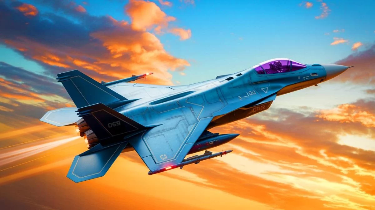 Illustration von einem futuristischen Kampfjet im Rahmen des Global Combat Air Programme. Bild durch KI generiert.