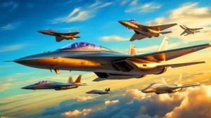 Illustration von einem futuristischen Kampfflugzeug der nächsten Generation im Kontext internationaler Zusammenarbeit. Bild durch KI generiert.