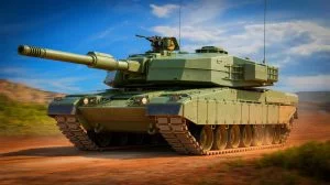 Illustration von einem britischen Kampfpanzer Challenger 3 in moderner Rüstungstechnologie. Bild durch KI generiert.