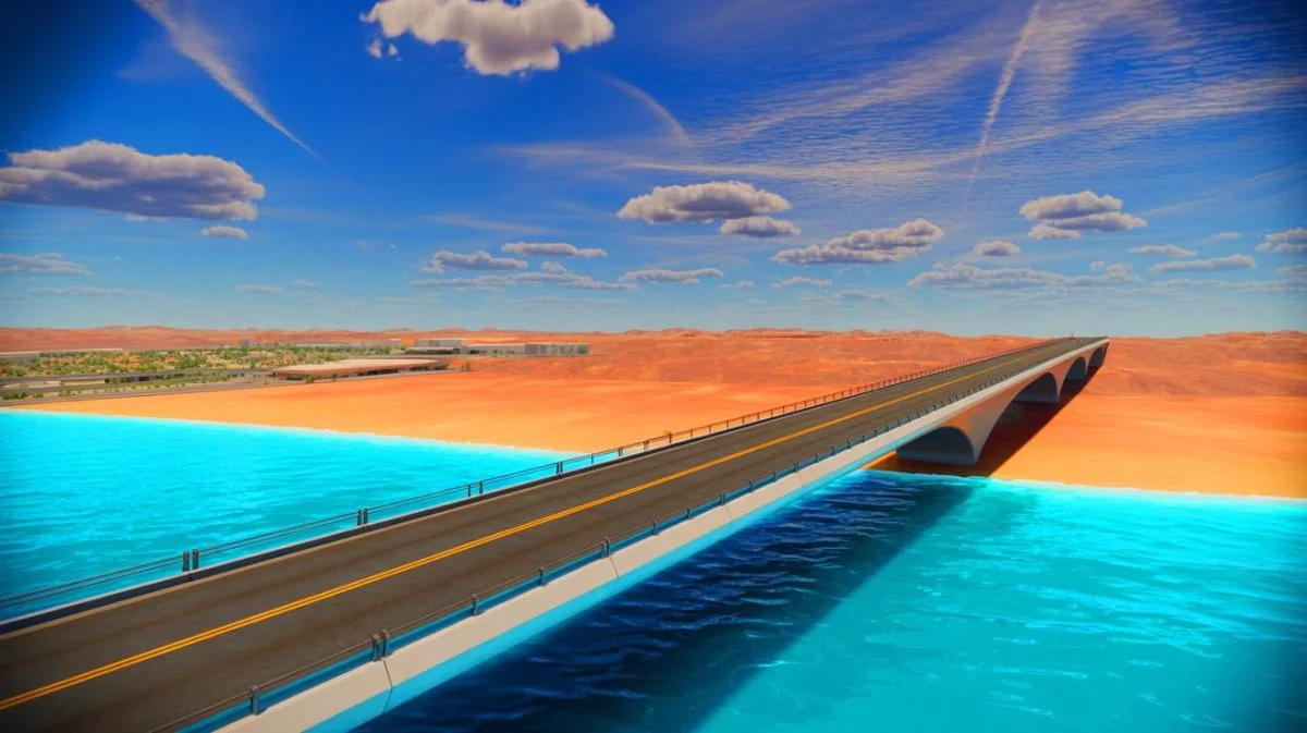 Illustration von der geplanten Moses-Brücke zwischen Saudi-Arabien und Ägypten. Bild durch KI generiert.